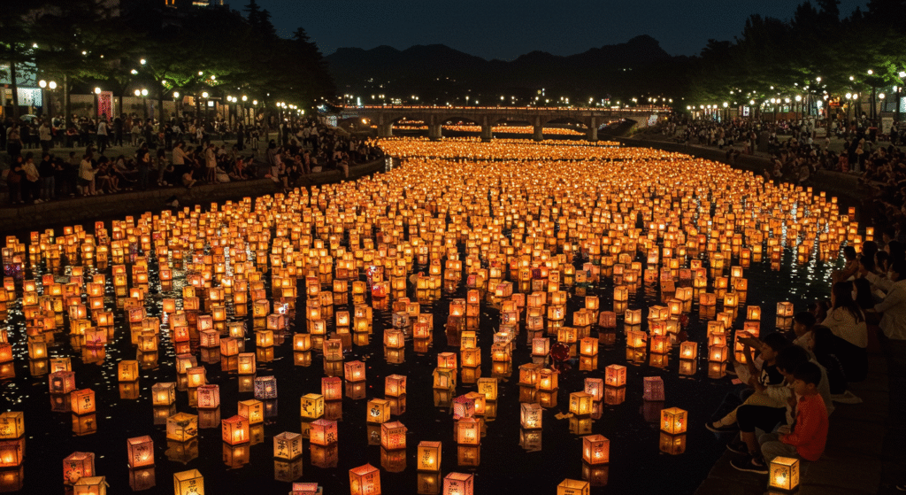 Lanterns glowing on the Nam River during the Jinju Namgang Yudeung Festival, a breathtaking event combining remembrance and beauty. This stunning nightscape is a highlight among local folk festivals in Korea.