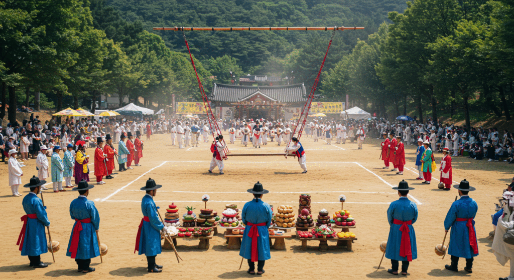 A traditional ritual performance at the Gangneung Danoje Festival, featuring Korean shamanism and community traditions. This is one of the oldest and most meaningful local folk festivals in Korea.