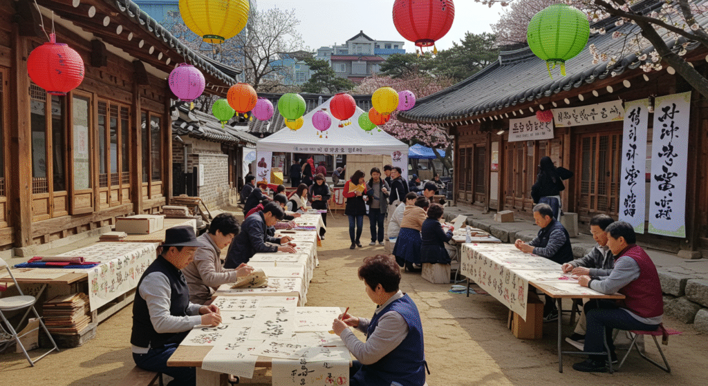 Artisans and visitors participating in paper craft activities at the Jeonju Hanji Culture Festival, which showcases Koreaโs paper heritage. This hands-on event reflects the artistry found in local folk festivals in Korea.