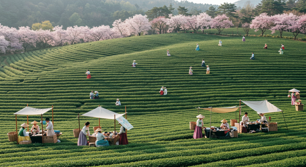 Participants harvesting tea leaves at the Boseong Green Tea Festival surrounded by lush fields. This nature-focused celebration is one of the most refreshing local folk festivals in Korea.