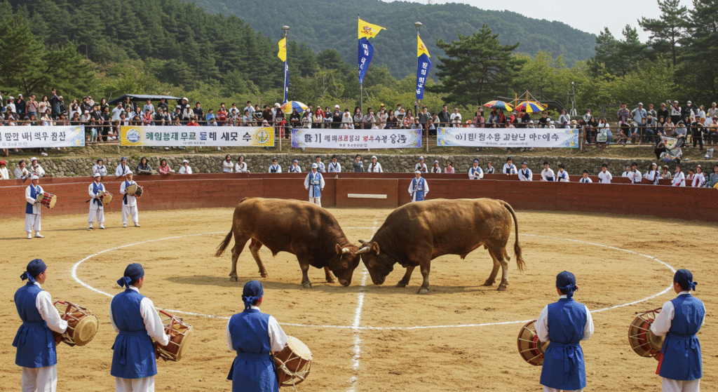 A bullfight in progress at the Cheongdo Bullfighting Festival, a rural tradition emphasizing strength and heritage. This event is a unique expression of local folk festivals in Korea.