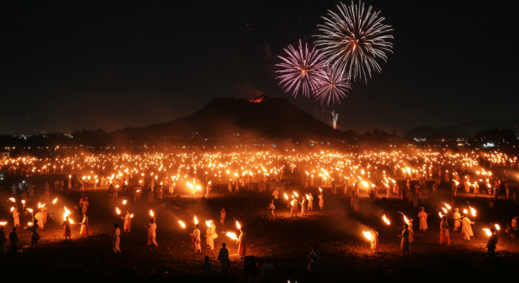 Torches and fire lighting up the fields at the Jeju Fire Festival, a dramatic tribute to farming heritage. This fiery spectacle stands out among local folk festivals in Korea.