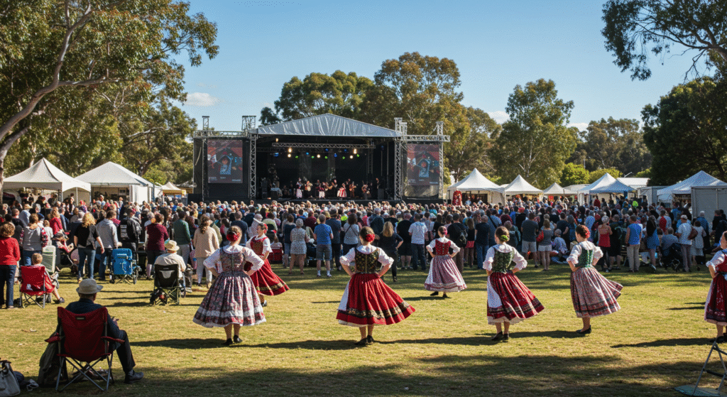 Crowds enjoying traditional music and dancing at the National Folk Festival in Canberra โ one of the most iconic local folk festivals in Australia.