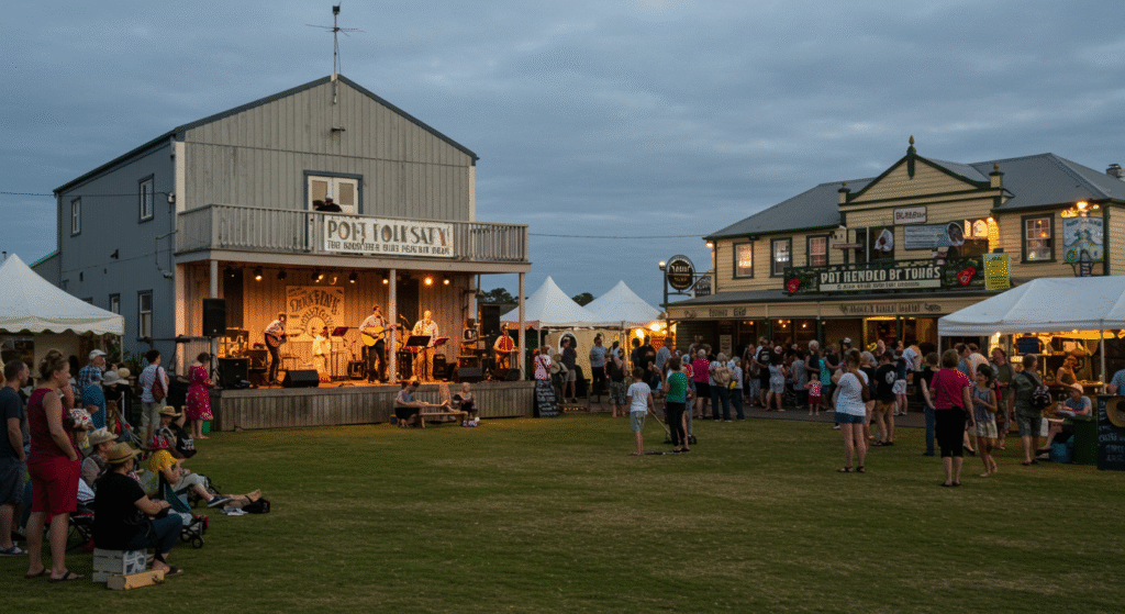 Families and music lovers at Port Fairy Folk Festival, a beloved local folk festival in Australia known for its coastal charm and live acoustic performances.