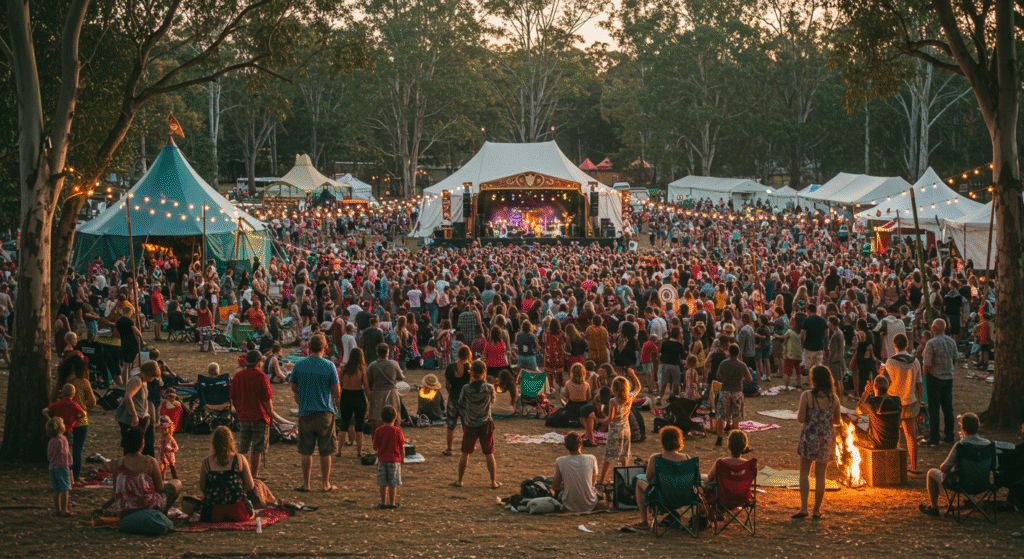 Festival-goers enjoying music, circus acts, and cultural storytelling at the Woodford Folk Festivalโone of the largest local folk festivals in Australia.