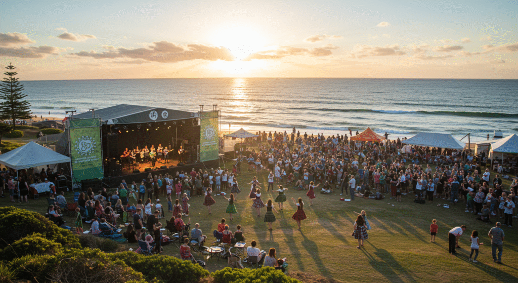Performers and cultural dancers at Illawarra Folk Festival, one of the largest regional local folk festivals in Australia.