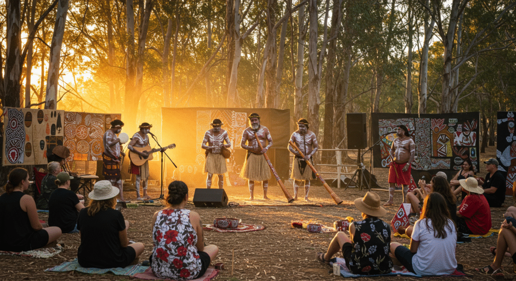 Aboriginal and Torres Strait Islander artists performing and sharing stories at a local folk festival in Australia, highlighting the vital role of Indigenous culture in Australian folk traditions.