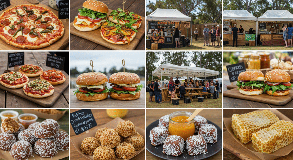 Festival-goers enjoying diverse local and Indigenous-inspired foods at a local folk festival in Australia, showcasing the farm-to-table culture and culinary variety of the event.