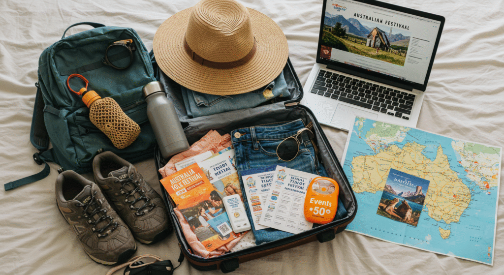 Festival-goer preparing for a local folk festival in Australia, packing essentials and planning their trip for a cultural and musical adventure.