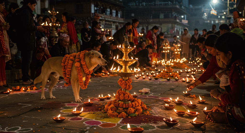 Dogs adorned with garlands and oil lamps glowing during Tihar, a unique local folk festival in Nepal.