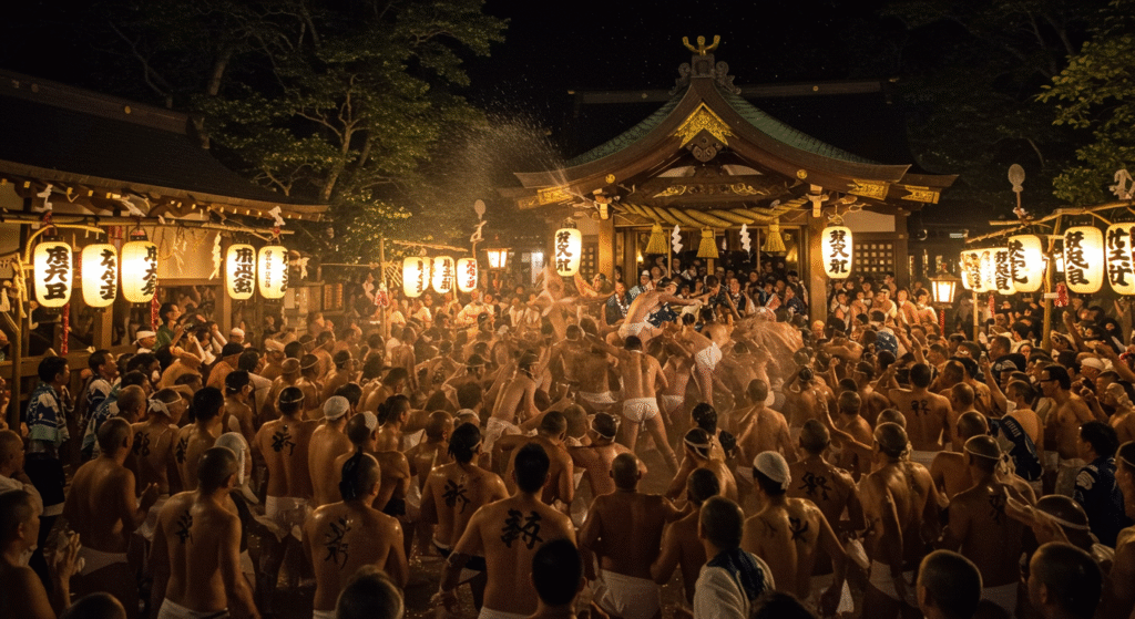 Men competing in Hadaka Matsuri, Japanโs boldest local folk festival known as the โNaked Festival.โ