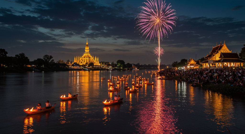 Paper boats lit with candles floating on the Mekong during Boun Ok Phansa, a spiritual local folk festival in Laos.