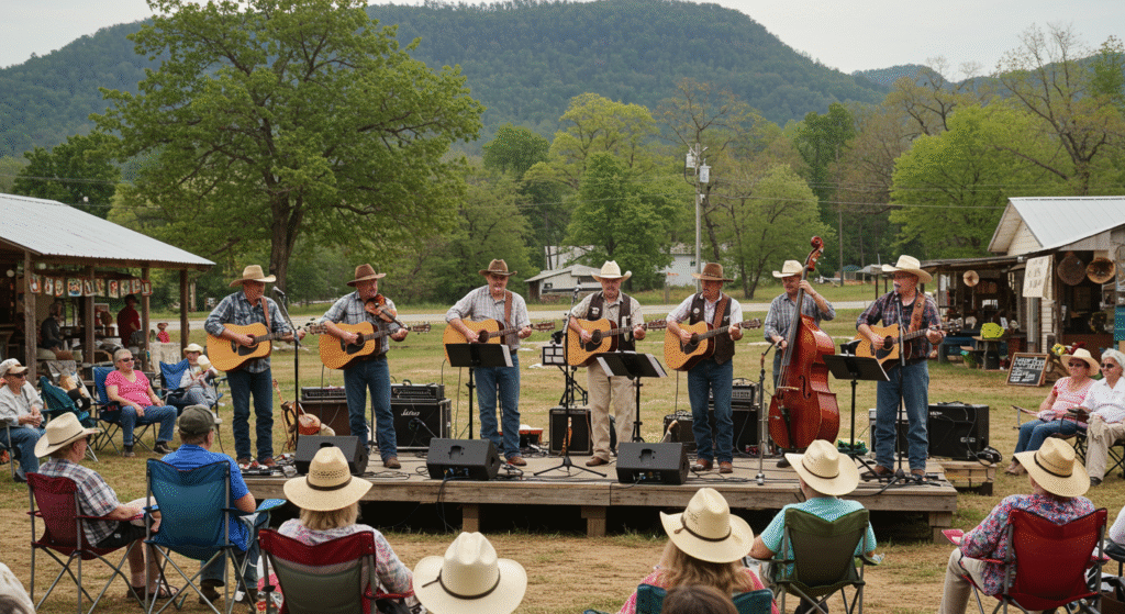 Musicians perform traditional bluegrass music at the Mountain View Bluegrass Festival in Arkansas, a prime example of Local Folk Festivals in Small Towns nestled in the Ozark Mountains.