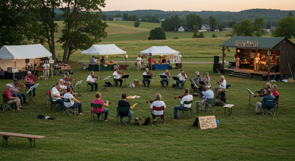 The Surry Old Time Fiddlers Convention in North Carolina celebrates traditional string music in a welcoming rural setting, reflecting the neighborly nature of Local Folk Festivals in Small Towns.