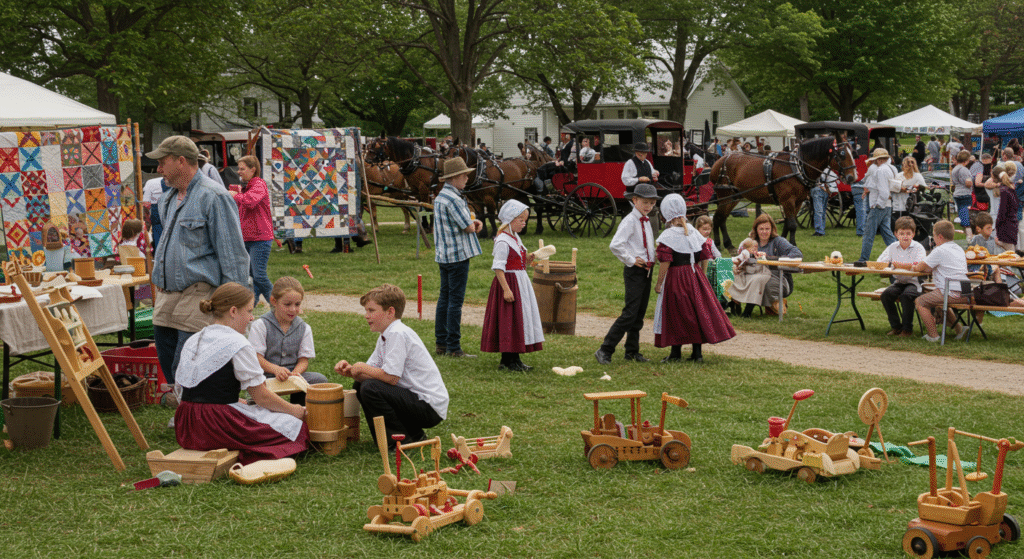 Families enjoying butter churning, folk dancing, and horse-drawn buggy rides at the Pennsylvania Dutch Folk Festival, one of the best Family-Friendly Local Folk Festivals in Kutztown, PA.