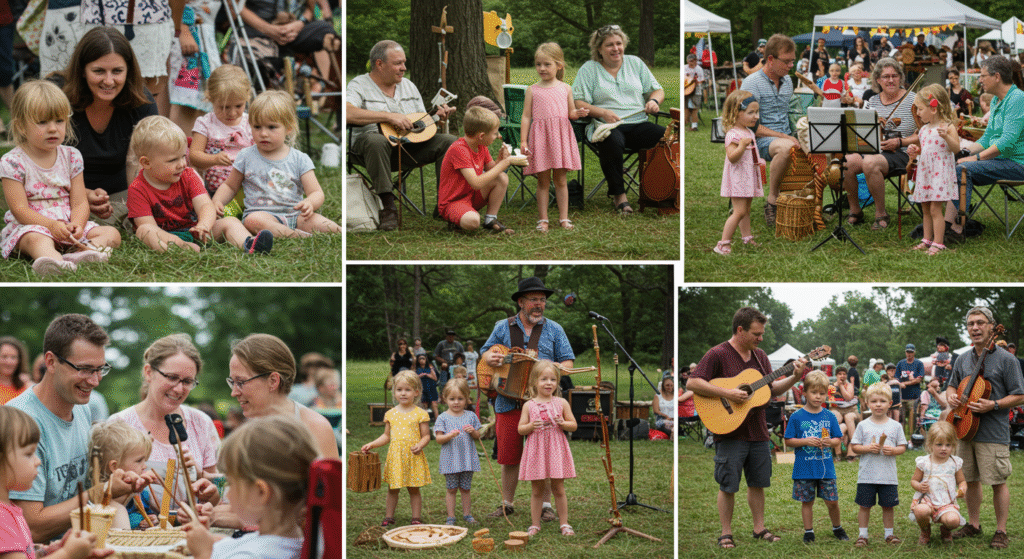 Families and children actively participating in educational and fun activities at various Family-Friendly Local Folk Festivals, showcasing the valuable learning experiences these events offer.