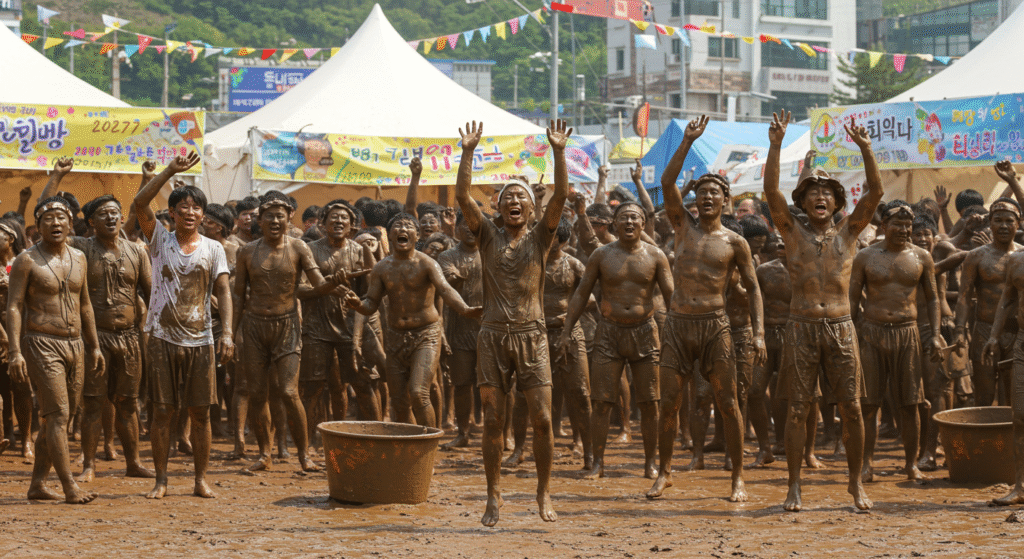 A vibrant scene from the Boryeong Mud Festival in South Korea, showing people covered in mud and enjoying traditional games and music during one of the local folk festivals worth visiting.