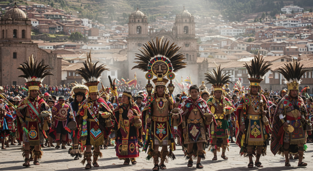A grand celebration at the Inti Raymi festival in Cusco, Peru, with actors dressed as Incan priests and warriors performing ancient rituals, showcasing one of the local folk festivals worth visiting that honors the Sun God Inti.