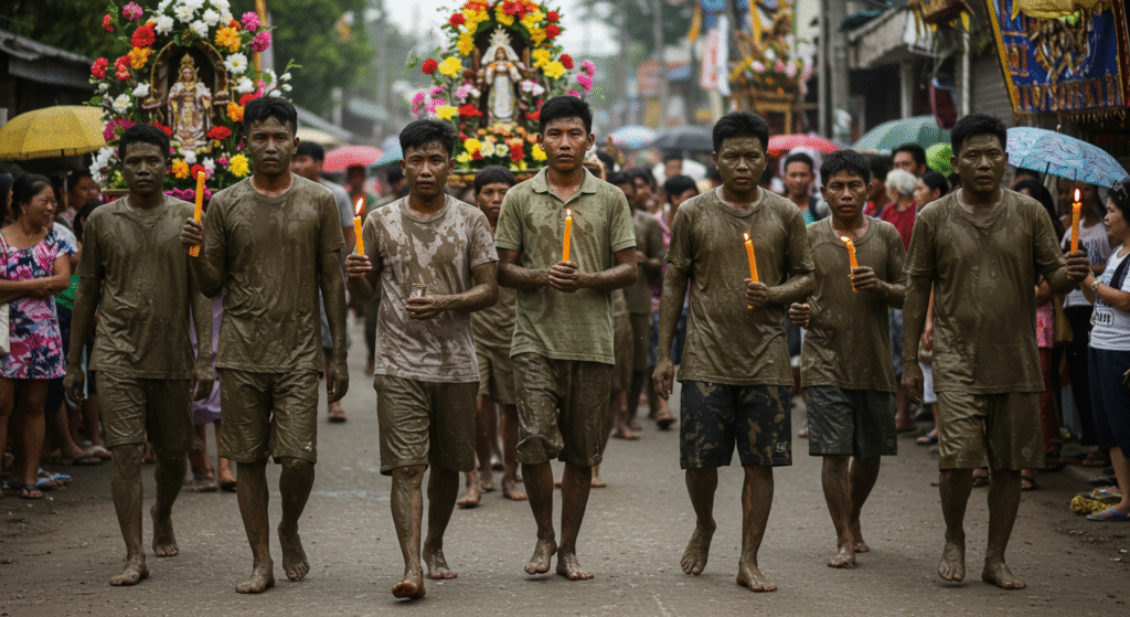 Must See 10 Hidden Local Folk Festivals: Taong Putik Festival in the Philippines shows mud-covered participants in a humble religious procession inspired by Saint John the Baptist.