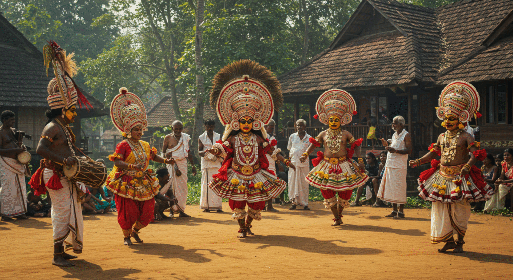 Must See 10 Hidden Local Folk Festivals: Theyyam in Kerala, India, showcases dancers transformed into deities through vivid costumes and spiritual dance rituals.