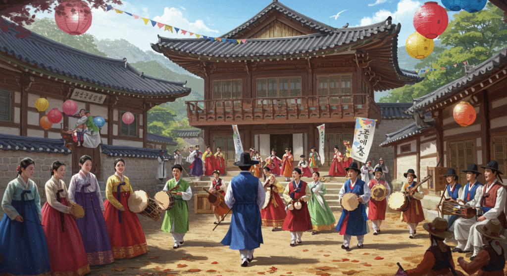 Local folk festivals with traditional costumes featuring people wearing colorful hanbok, performing traditional dances and playing folk instruments in a festive outdoor setting with Korean cultural decorations.