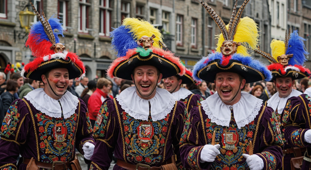 Local folk festivals with traditional costumes showing Gilles in colorful attire at the Carnival of Binche, Belgium, celebrating centuries-old traditions.