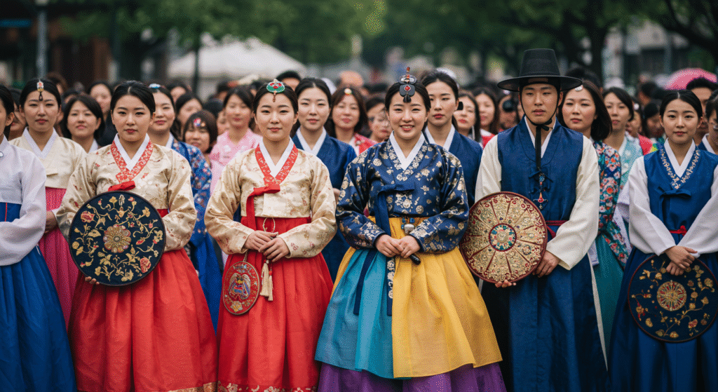 Local folk festivals with traditional costumes showing respectful festival attendees wearing traditional clothing like hanbok and enjoying cultural celebrations.
