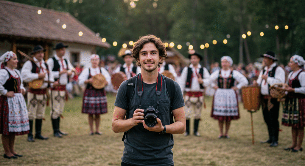 A solo traveler taking a meaningful photo during a traditional celebration, showing how to enjoy local folk festivals through cultural immersion and photography.