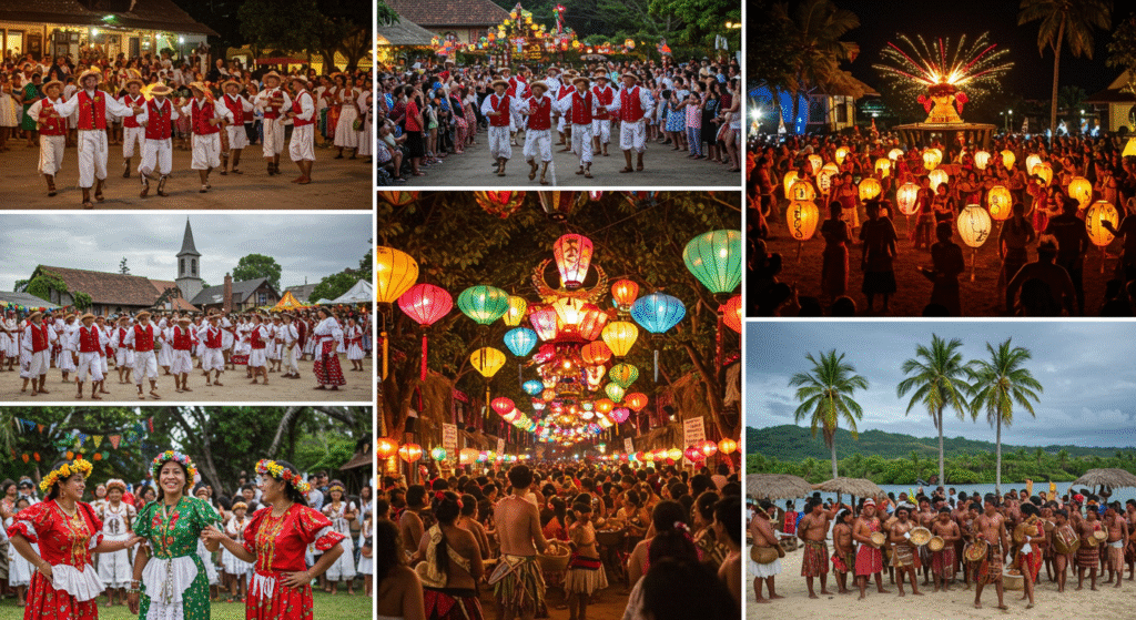 A vibrant collage of local folk festivals from Europe, Asia, and the Pacific, featuring traditional dances, colorful costumes, and community gatherings that reflect how to enjoy local folk festivals around the world.