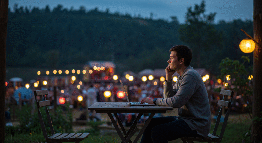A traveler reflecting on their cultural experience after a local folk festival, writing thoughts in a journal, showing how to enjoy local folk festivals by learning and sharing responsibly.