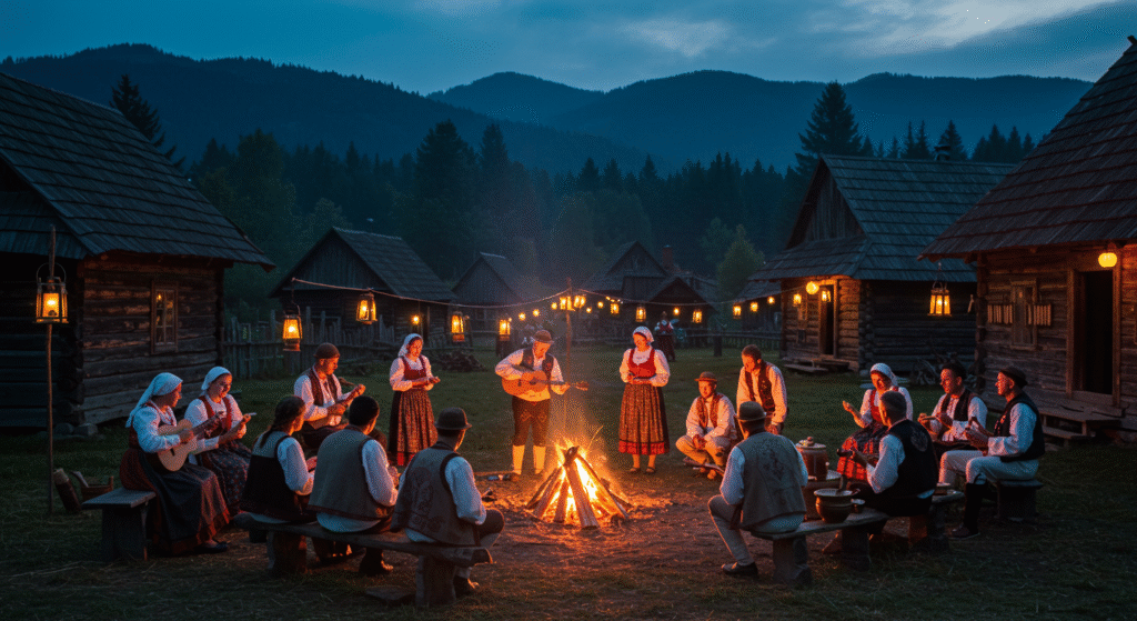 Villagers celebrating unique local folk festivals in rural areas with traditional music, dance, and communal gathering in a scenic countryside setting