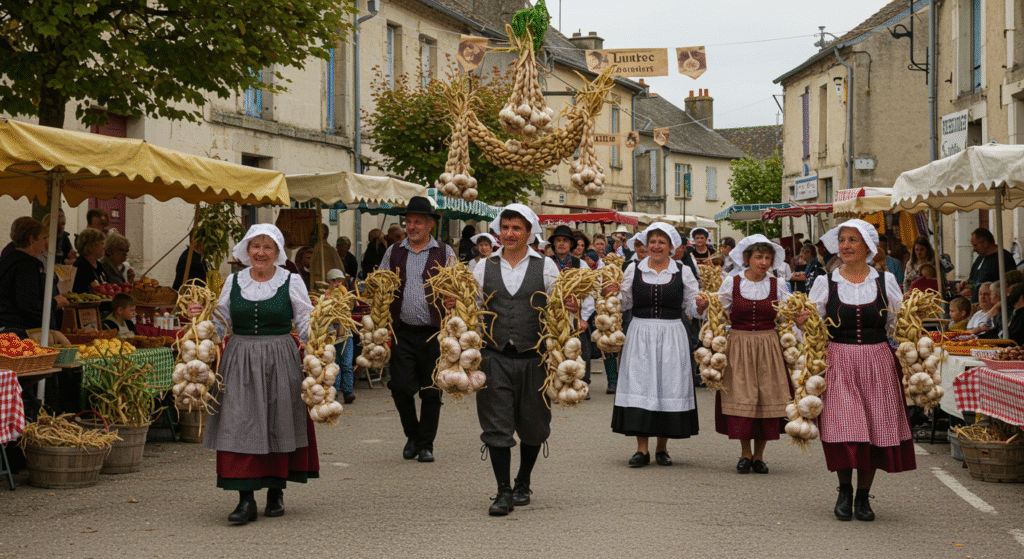 Celebration of unique local folk festivals in rural areas at the Garlic Festival in Lautrec, France, featuring traditional costumes, garlic braids, and festive market scenes