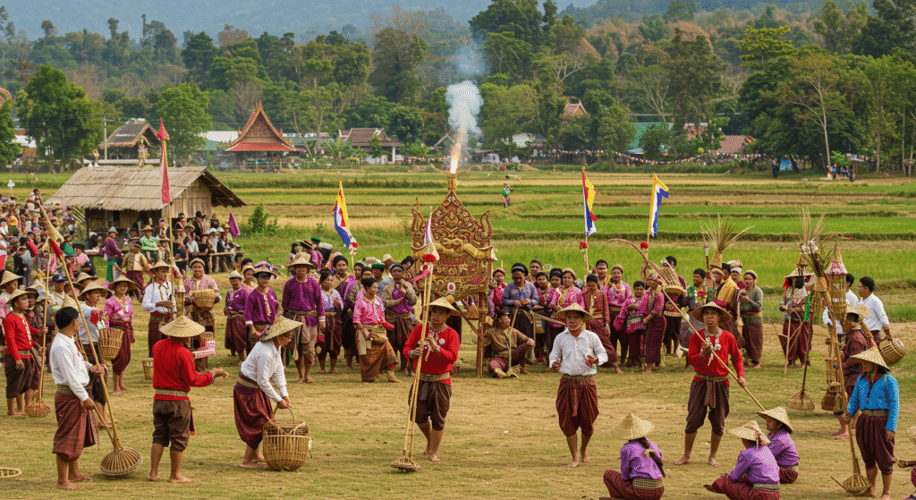 Exciting unique local folk festivals in rural areas showcased at Bun Bang Fai, Thailandโs Rocket Festival with traditional costumes, rocket launching, and lively community celebration