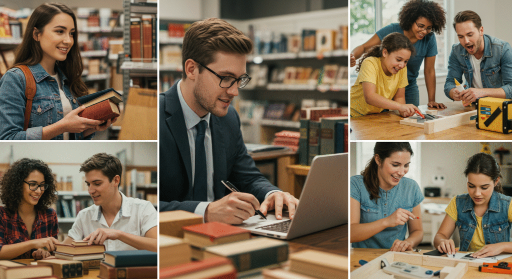 10-smart-tips-saving-money-us-living-expenses Diverse individuals demonstrating various tips for saving money on living expenses in the U.S. including budgeting, smart grocery shopping, enjoying free entertainment, using public transport, and practicing energy efficiency at home.
