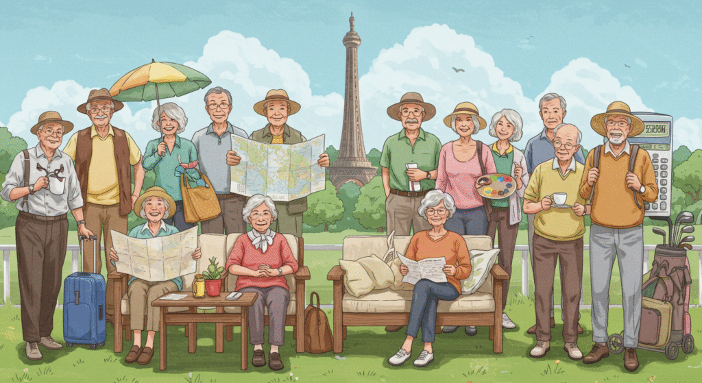 crafting-retirement-financial-plan-usa Illustration of diverse seniors enjoying financially secure retirement with activities like travel, hobbies, and relaxation, subtly hinting at effective financial planning.