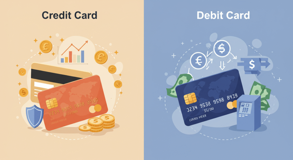 credit-card-vs-debit-card-us-guide A visual comparison between a credit card and a debit card, illustrating the benefits of each for U.S. financial management, including credit building, rewards, purchase protection, and direct bank access.