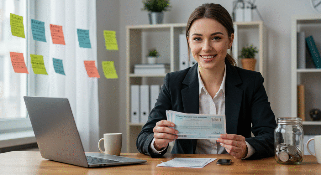 financial-strategies-first-paycheck_thumbnail A young adult celebrating their first paycheck while budgeting at a modern desk.