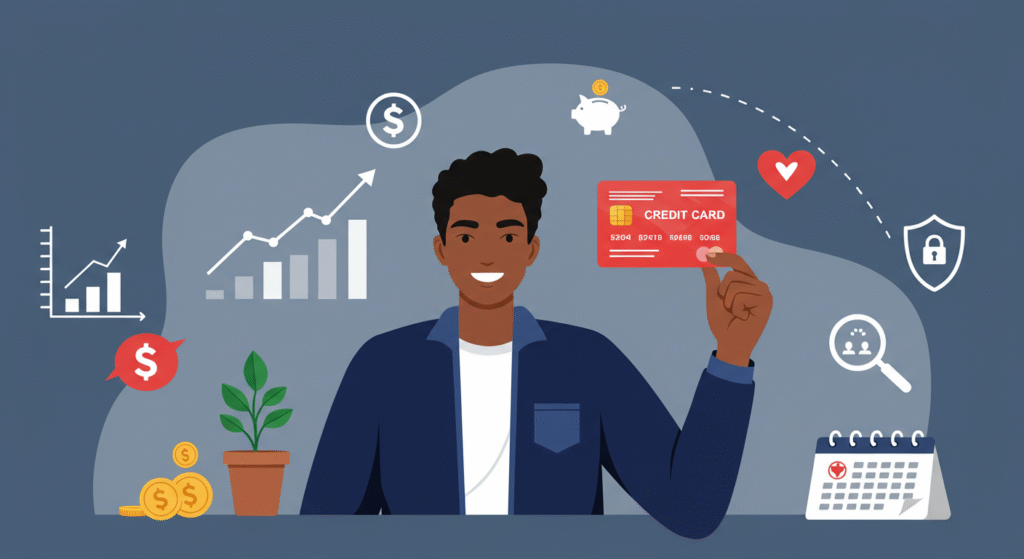 first-credit-card-us-considerations A young adult confidently holding their first U.S. credit card, symbolizing the key considerations when getting your first credit card in the U.S. for building credit responsibly.