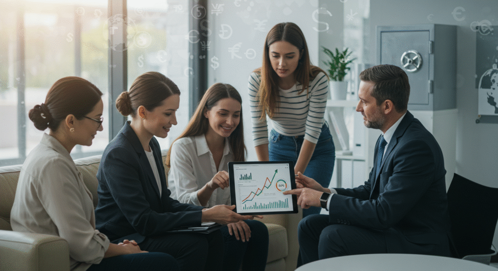 how-to-choose-financial-advisor-us-guide Diverse individuals consulting with a trusted financial advisor in the U.S., discussing financial planning, investments, and future growth, symbolizing the essential criteria for choosing a financial advisor.