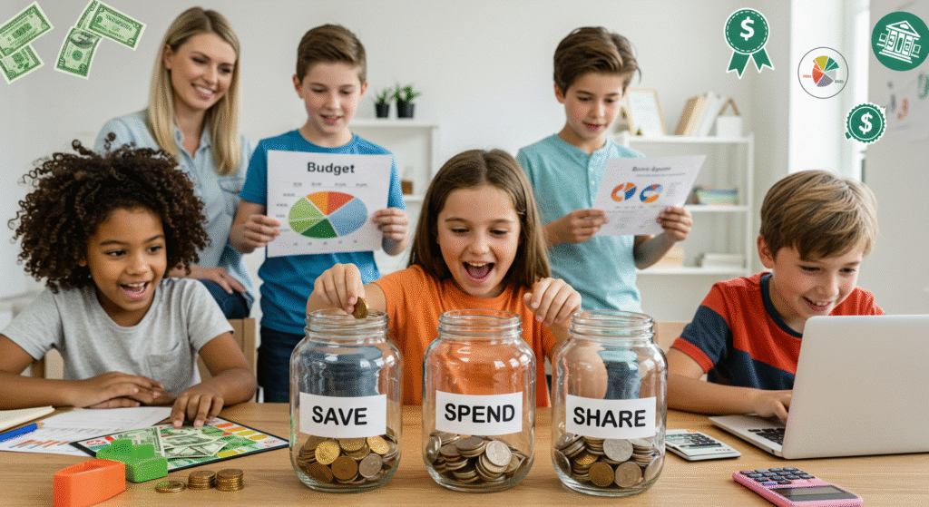 how-to-teach-kids-early-financial-literacy-usa Diverse children and teenagers learning about financial literacy through hands-on activities like using money jars, budgeting with parents, and exploring financial concepts on a computer.