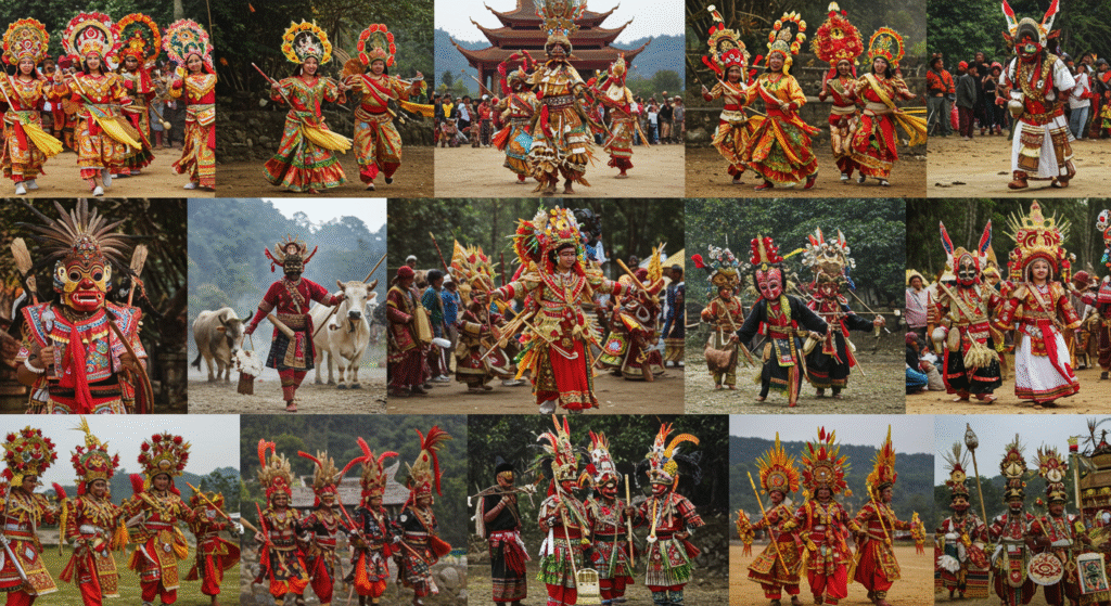 Collage of local folk festivals with unique rituals and ceremonies, including dancers in traditional dress, fire rituals, and cultural processions from around the world.