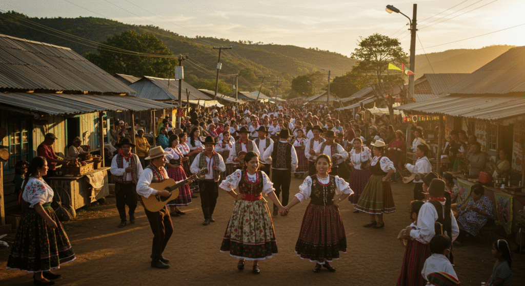 Overview of Lesser-Known Town Festivals showing a vibrant cultural celebration in a small town with locals in traditional attire, festive decorations, and a warm, authentic atmosphere.
