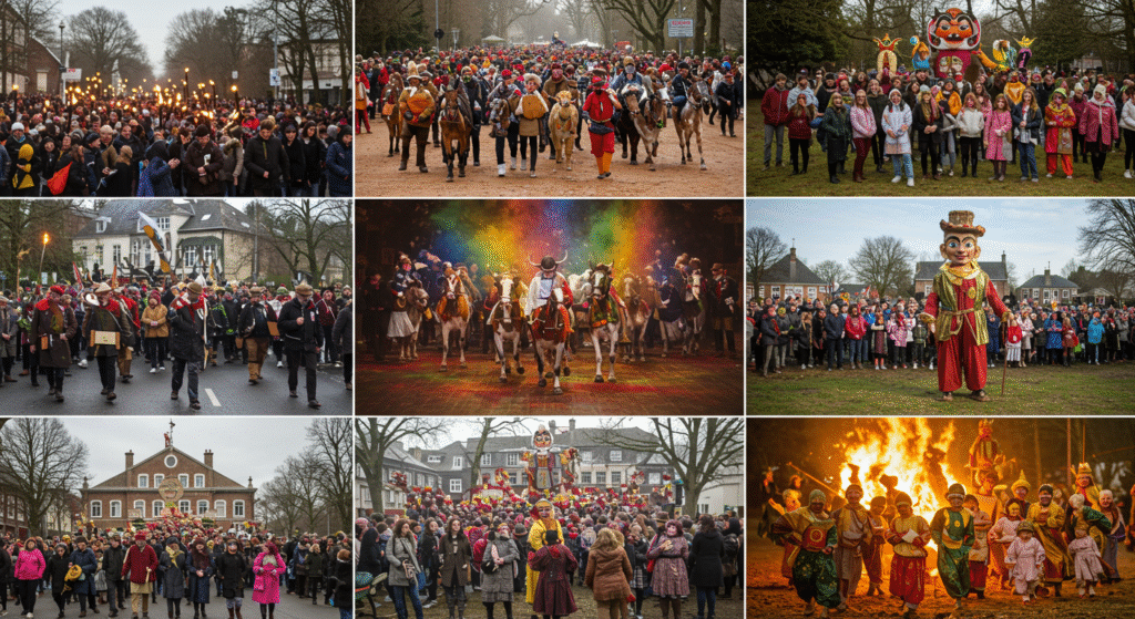 Overview of Lesser-Known Town Festivals featuring a winter Viking torch parade, spring Holi Cow Festival, summer Garlic Festival, and autumn Zozobra marionette burning, highlighting diverse seasonal celebrations worldwide.