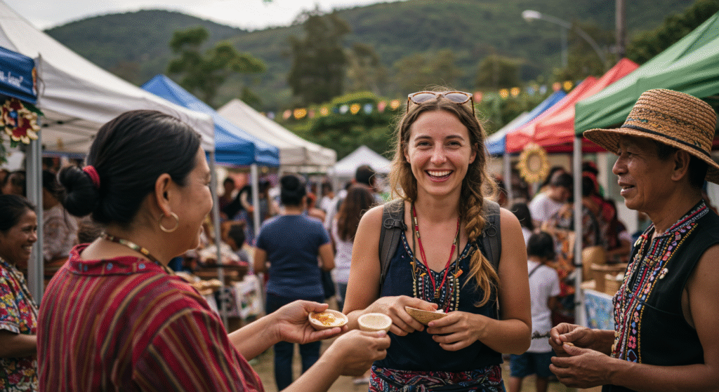 Overview of Lesser-Known Town Festivals showing a traveler connecting with locals and enjoying unique, affordable, and authentic cultural experiences at small-town festivals.