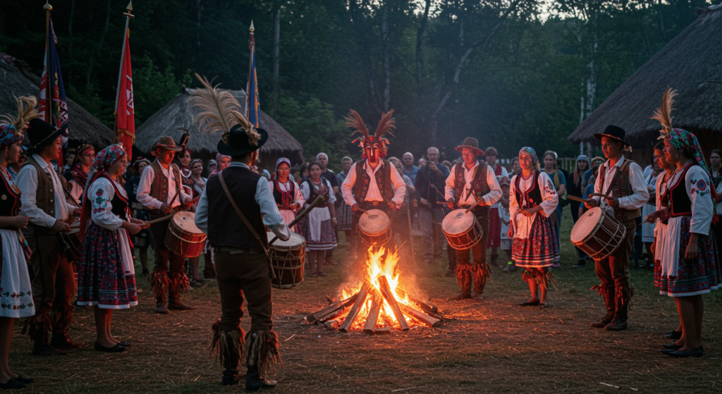 People celebrating a vibrant folk festival in a rural village, depicting the history and origins of local folk festivals with traditional costumes, dance, and music around a bonfire.
