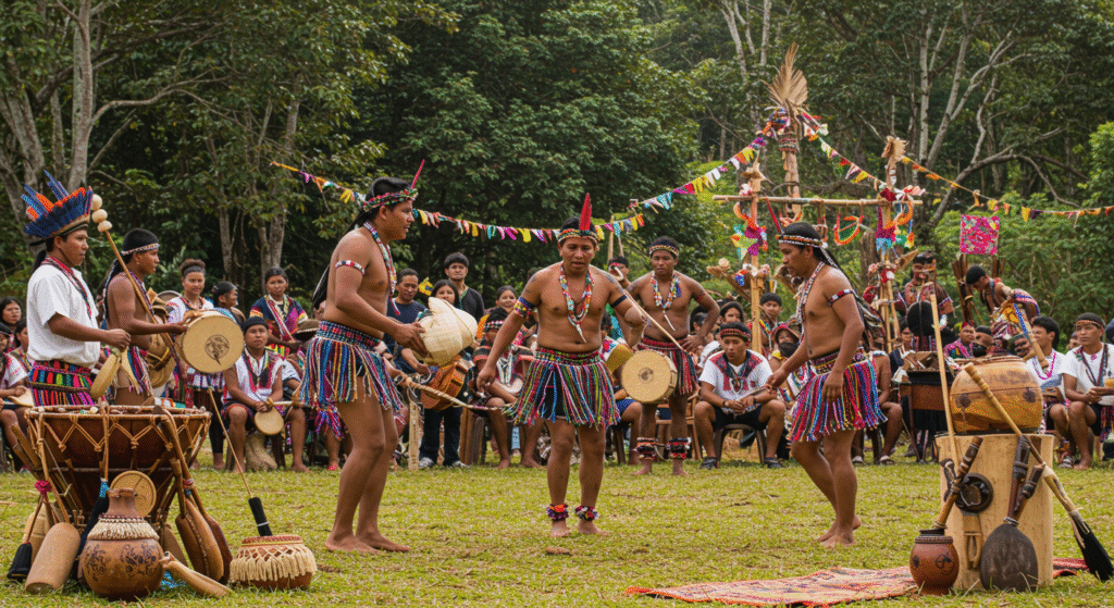 A group of indigenous performers in traditional clothing dancing at a local folk festival featuring indigenous communities, with colorful decorations and cultural artifacts enhancing the authentic atmosphere.
