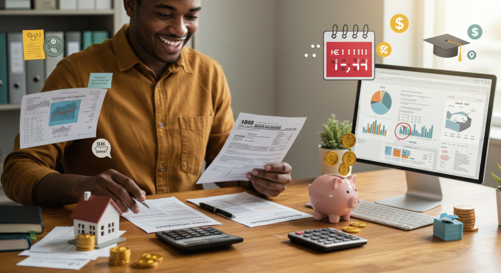 legitimate-ways-reduce-tax-burden-us A person happily managing tax documents and financial tools, representing various legitimate ways to reduce your tax burden in the U.S. through deductions, credits, and smart financial planning.