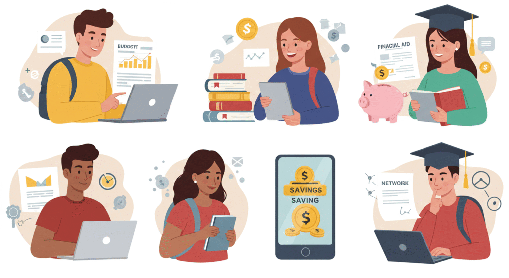money-management-us-college-students-guide College students managing money: one budgeting on a laptop, another saving on a phone, a third reviewing financial aid, and a fourth at a career fair, symbolizing responsible money management for U.S. college students.