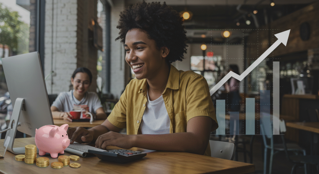 strategies-saving-money-part-time-job-us A person working a part-time job in the U.S., illustrating strategies for saving money with a part-time job in the U.S. and building a financial future.