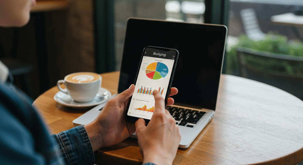 top-budgeting-apps-for-20s-usa-thumbnail Young adult using a budgeting app on smartphone at a coffee shop with financial graphs displayed.